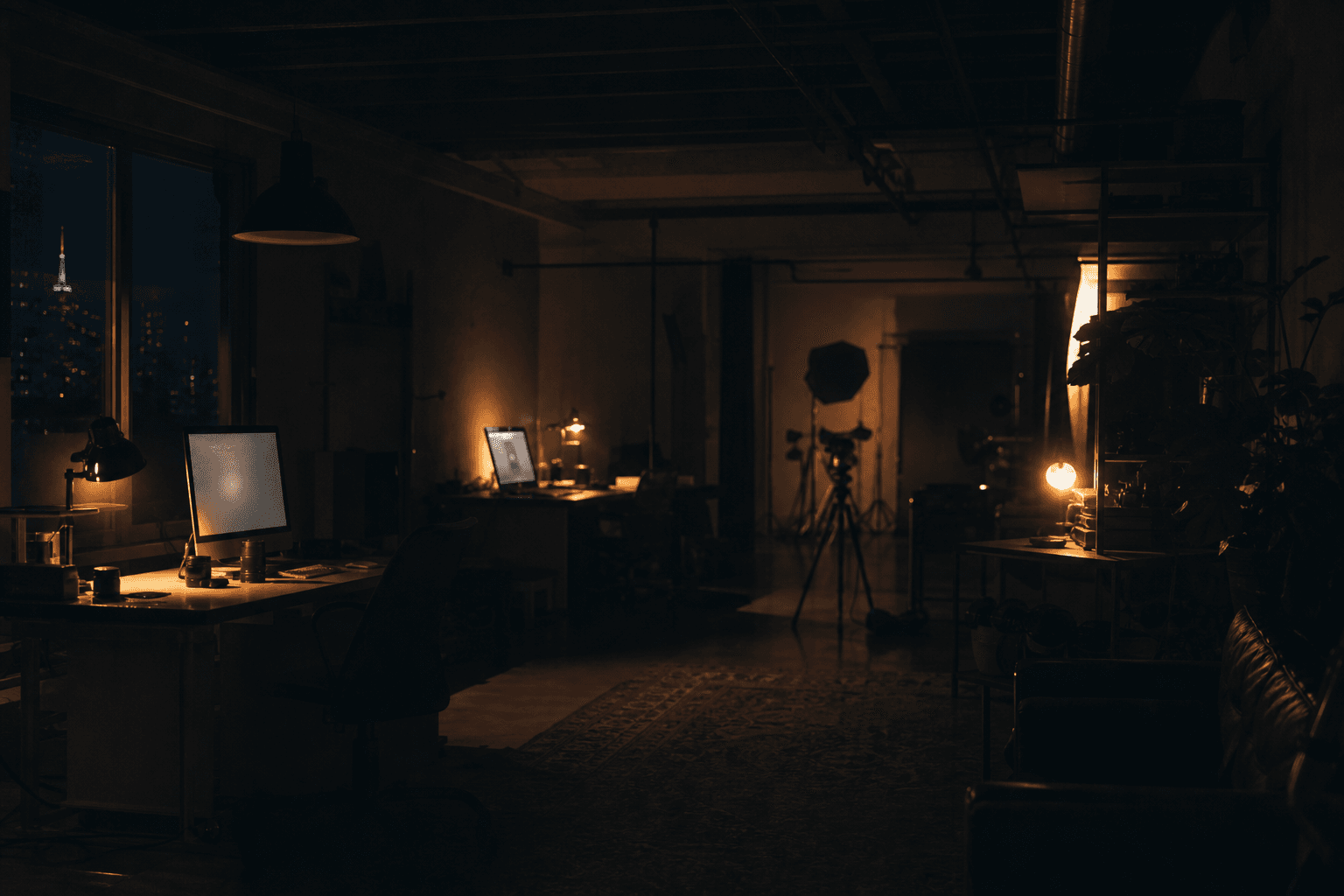 The Produco studio at night - desks and monitors under warm tungsten light