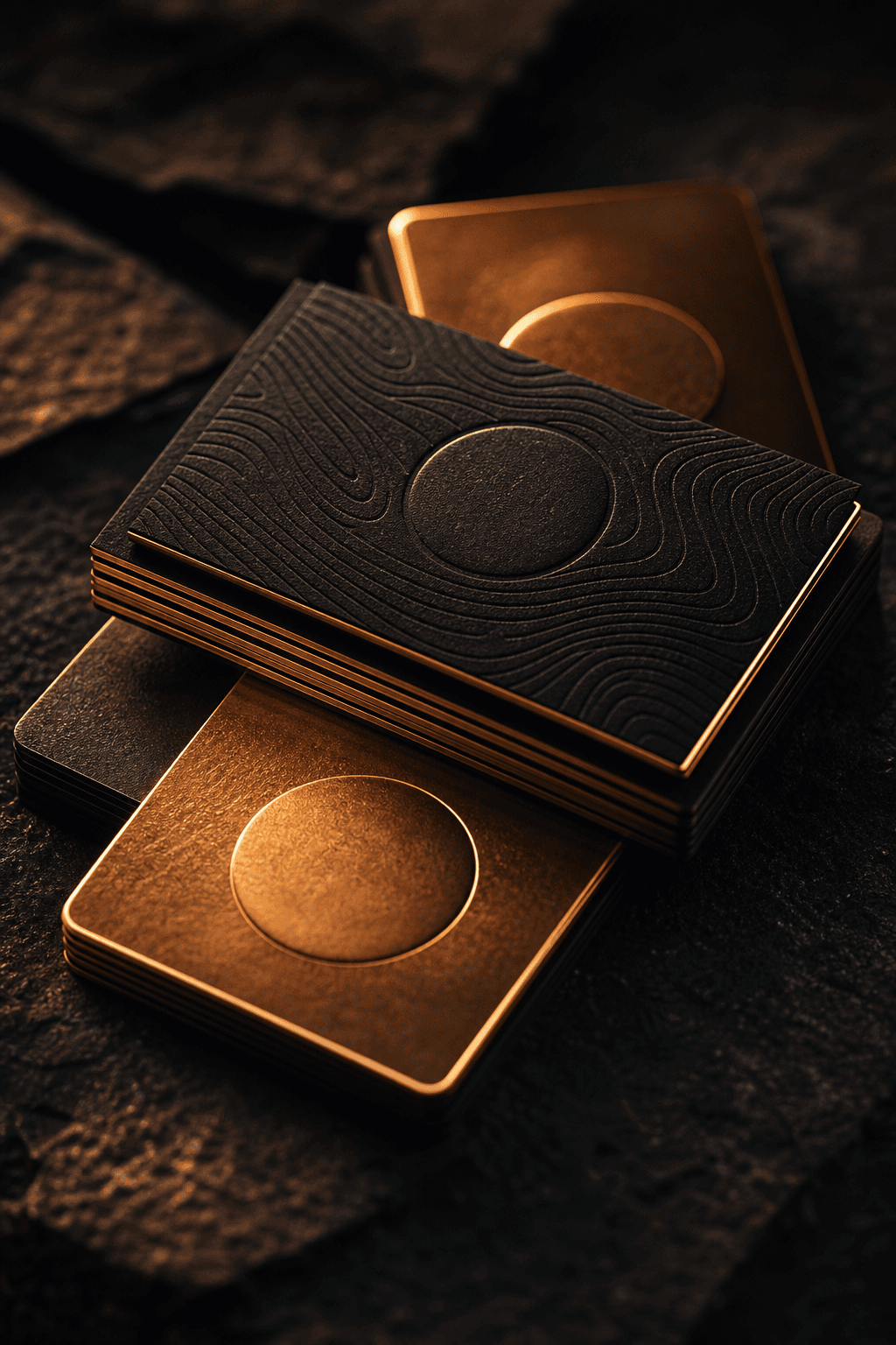 Embossed brand identity artifacts lit by warm tungsten light against near-black
