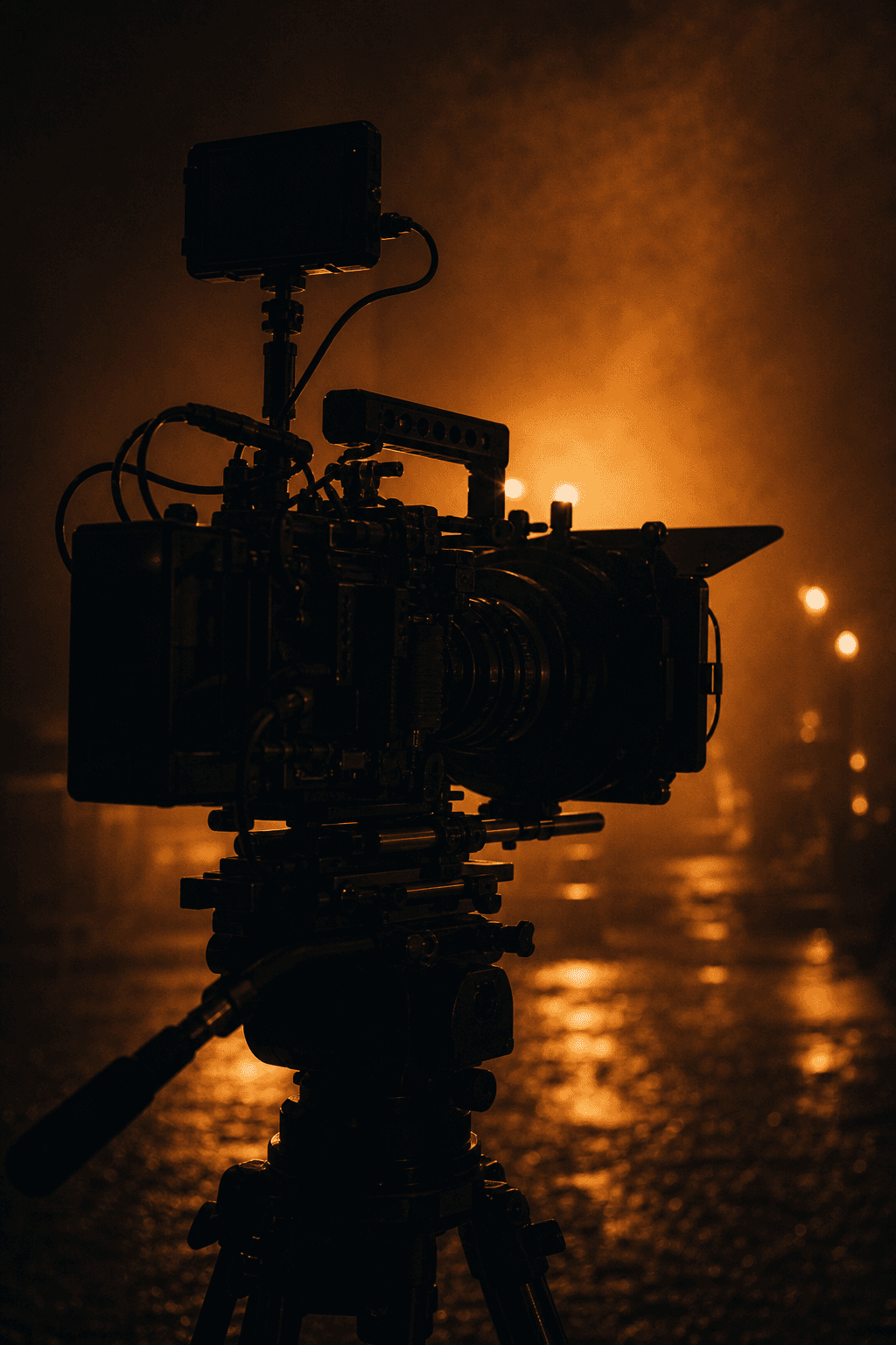 Cinema camera silhouette on a dark film set with warm tungsten lights and haze