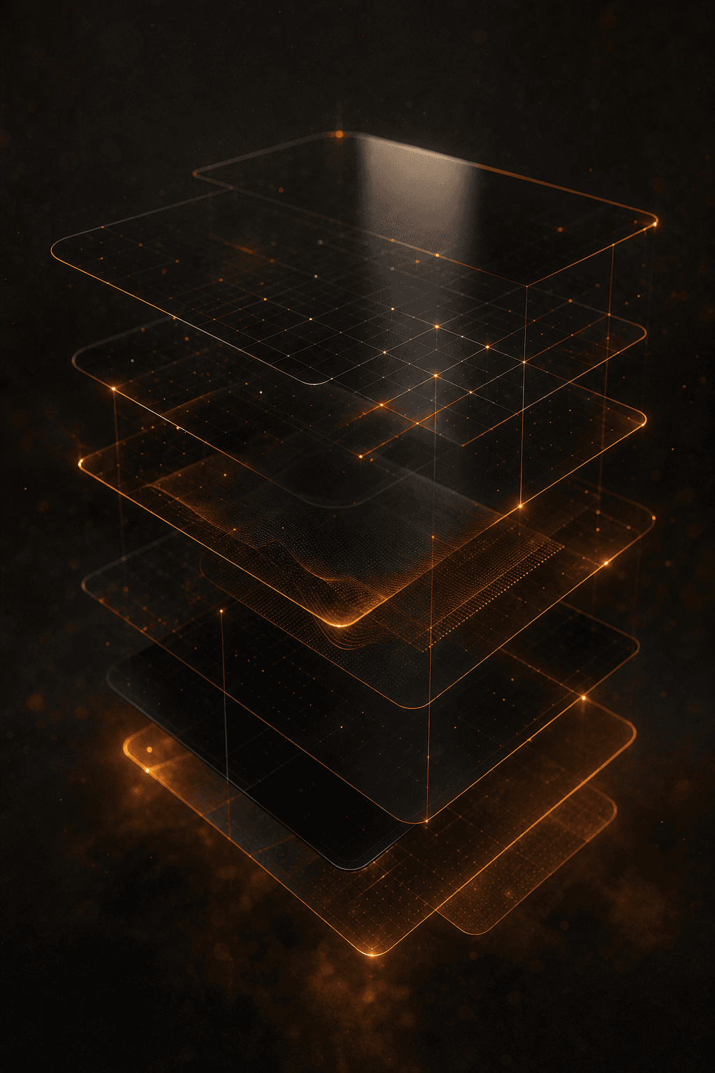 Layers of dark glass interface panels with luminous orange wireframe edges