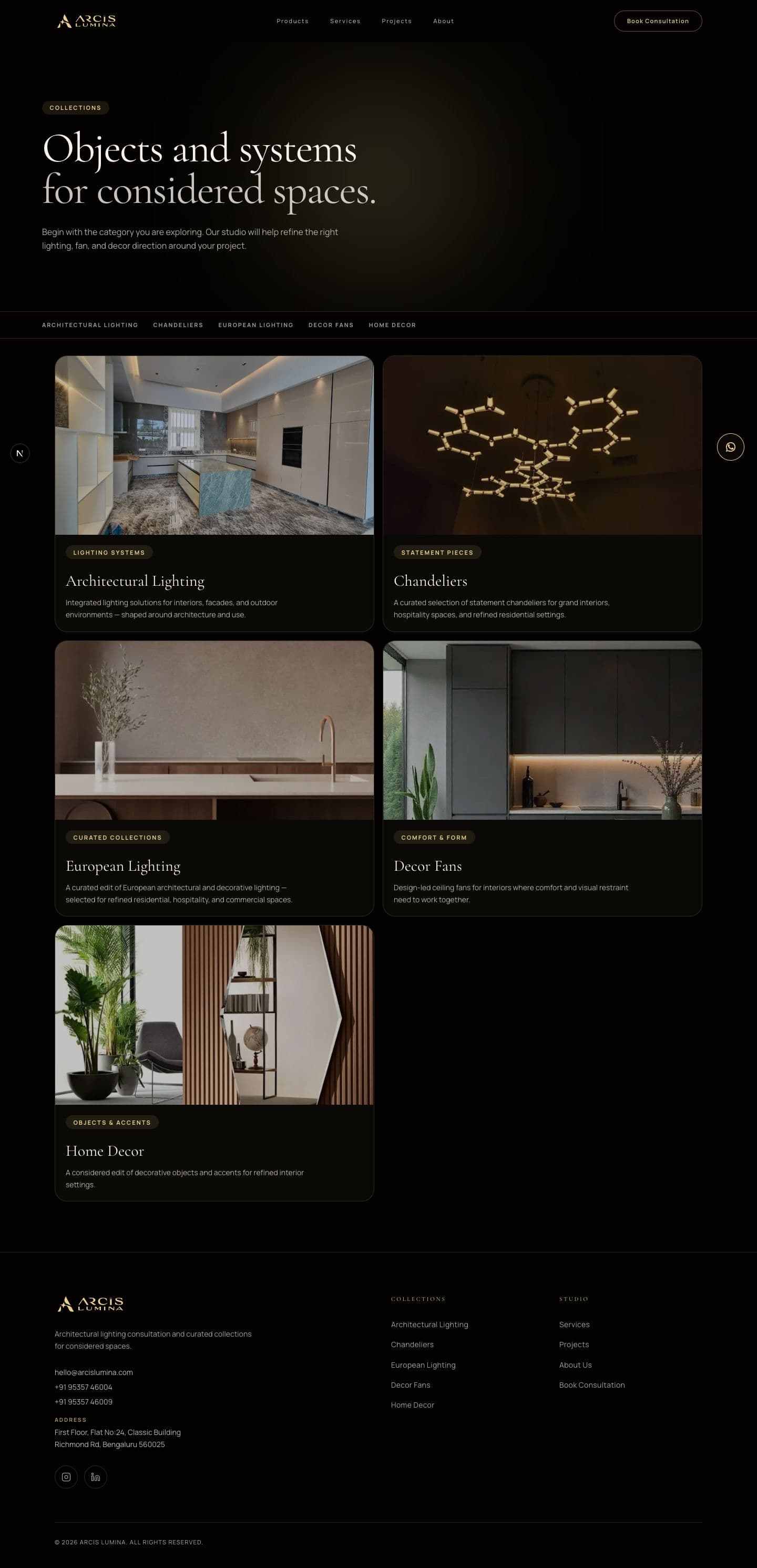 Arcis Lumina website - collections page