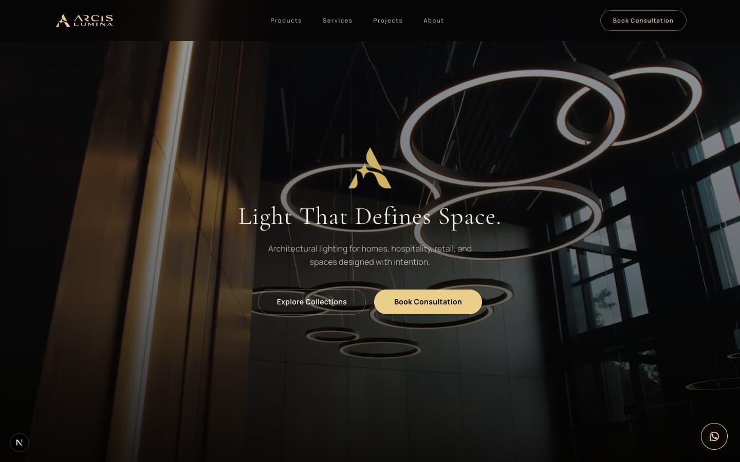 Arcis Lumina website - dark editorial hero, Light That Defines Space