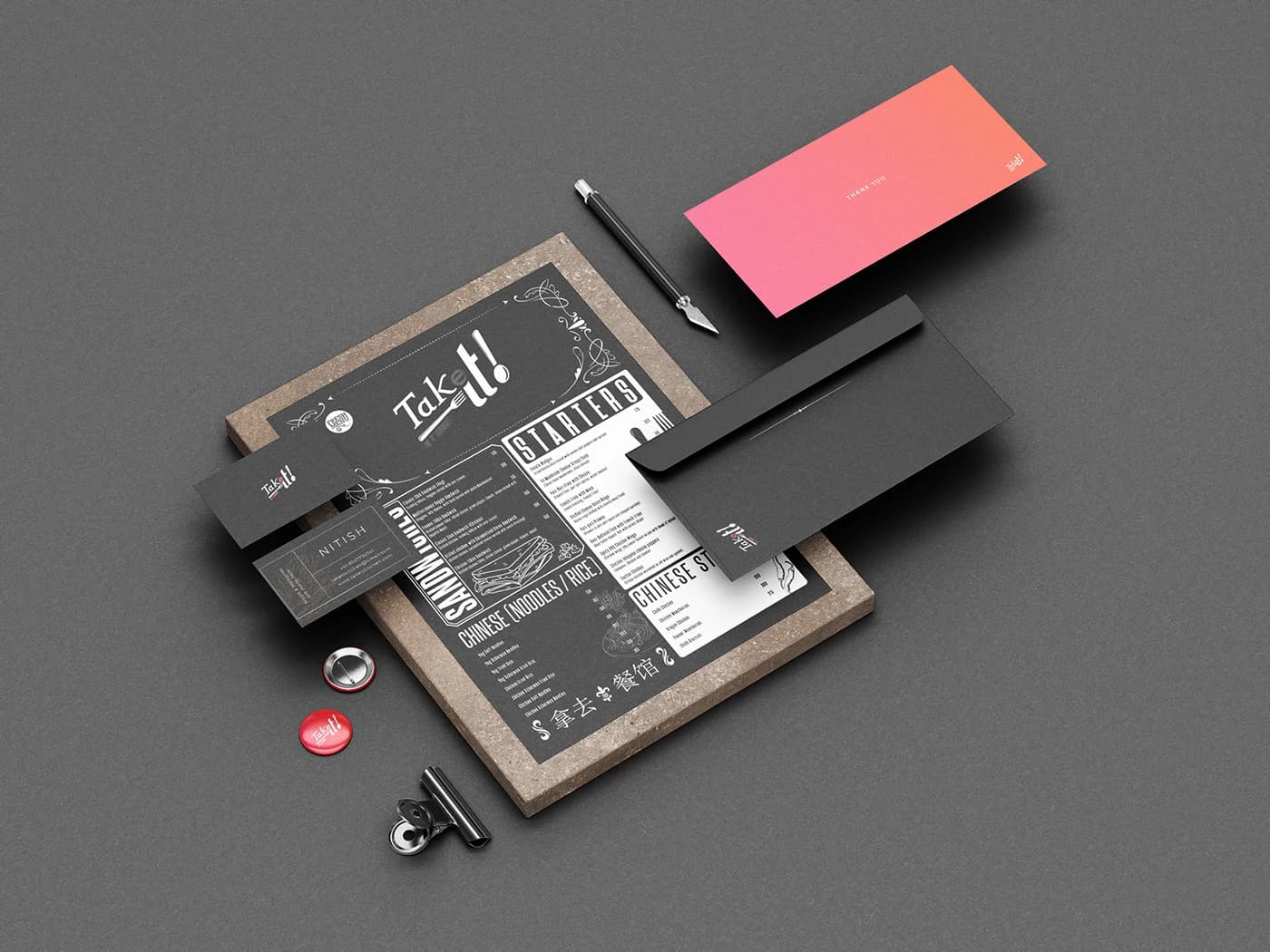 Takeit business card and brand collateral on kitchen surface