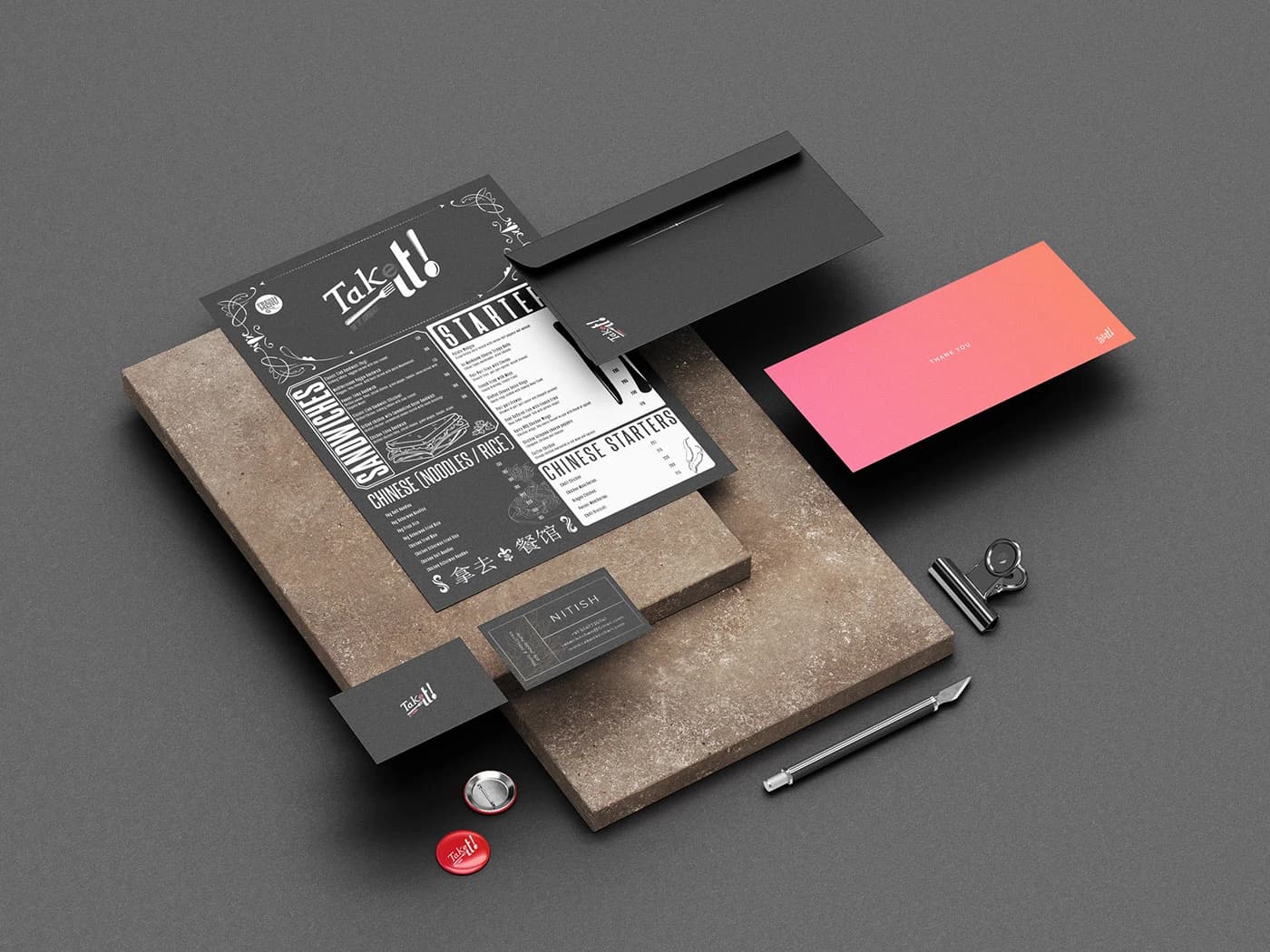 Takeit wordmark and logo breakdown on dark background